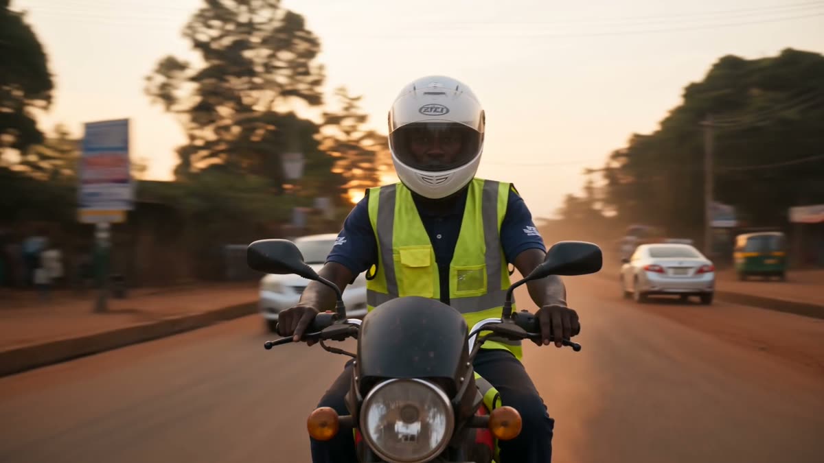 A GoBodaGo rider on a red murram road in Kampala, the Gaddafi Mosque on the skyline