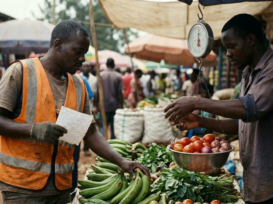 A rider buys fresh produce at a Kampala market