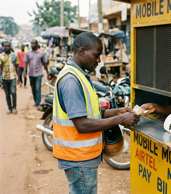 A rider pays a bill at a mobile money kiosk